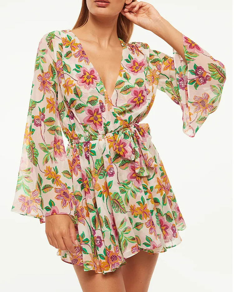 Women's Fashionable Floral Print Long Sleeve Mini Dress