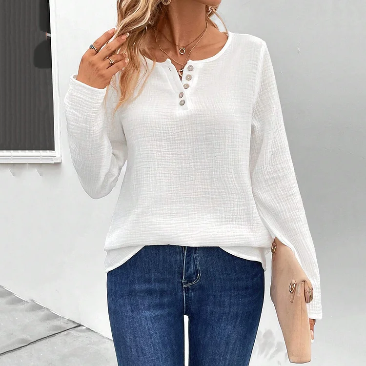 Solid Color Comfortable Casual Henry Neck Long Sleeved T-Shirt