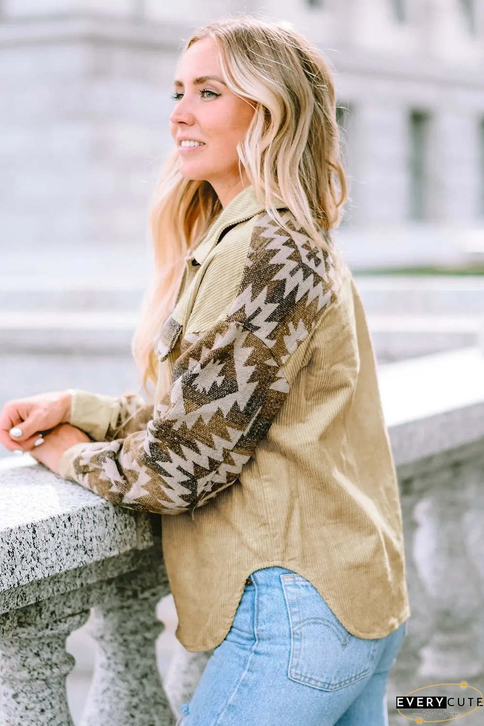 Khaki Aztec Print Patchwork Frayed Edge Corduroy Jacket