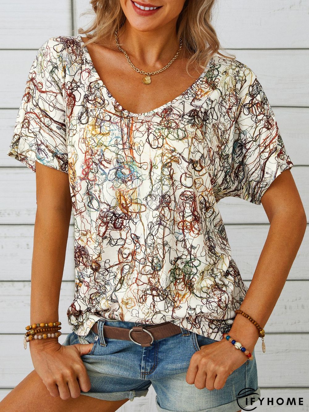 Casual Short Sleeve V Neck Printed Top | IFYHOME