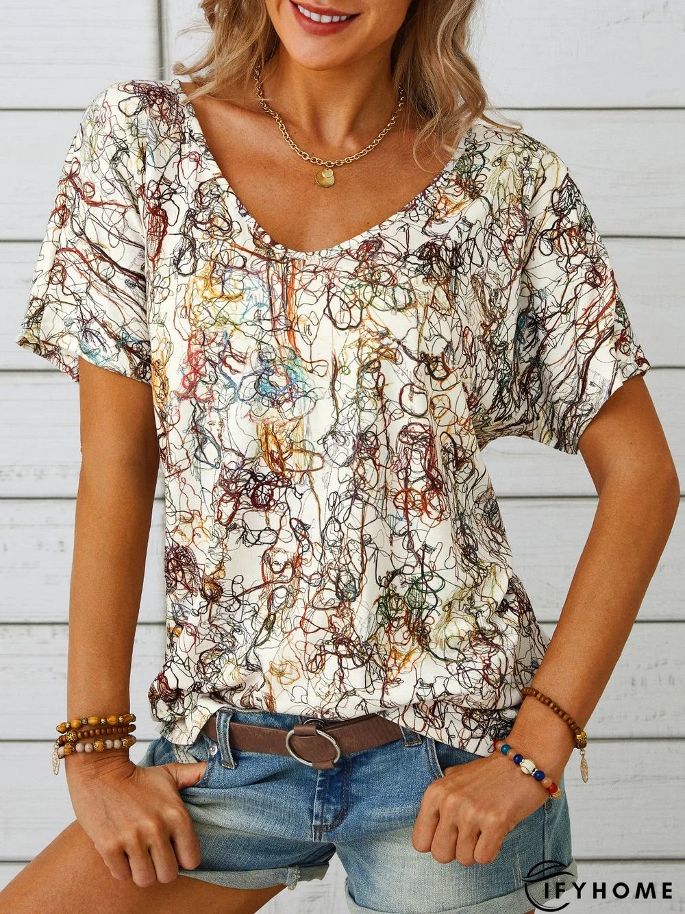 Casual Short Sleeve V Neck Printed Top | IFYHOME
