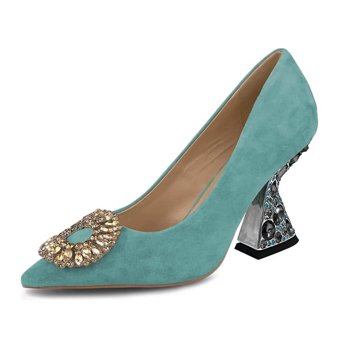 Turquoise Faux Suede Floral Rhinestone Embellished Pumps for Ladies