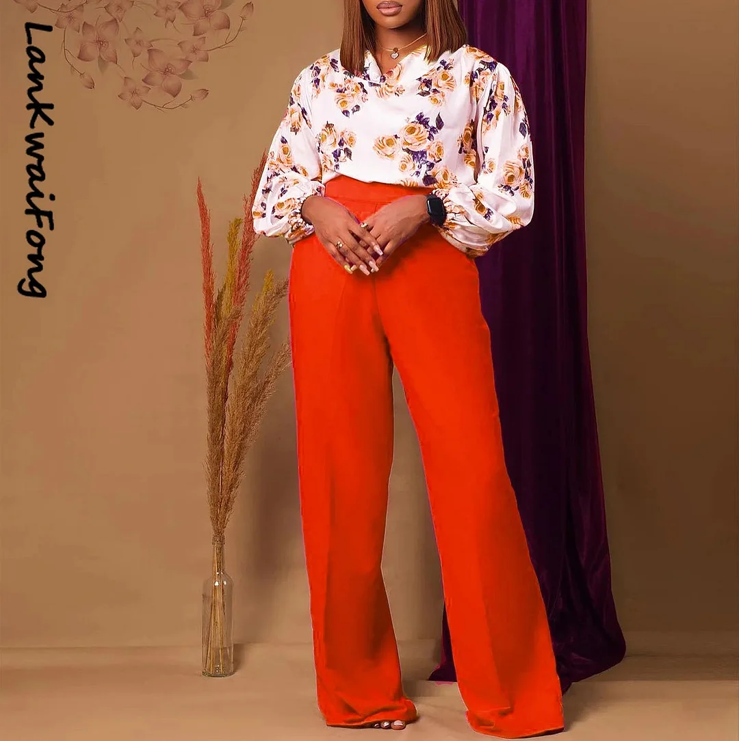 Tlbang New Fashion Print Strap Loose Sleeve Top Wide Leg Pants Two Piece Autumn Casual Set for Women