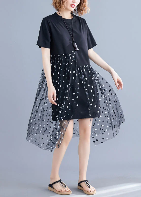 Boutique Black Asymmetrical Tulle Patchwork Cotton Dresses Summer
