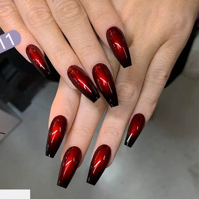 24pcs/Set Long Coffin False Nails Fashion Finished Red Black Gradient Fake Nails Beauty Nail Decal Ballerina Full Nail Art Tips