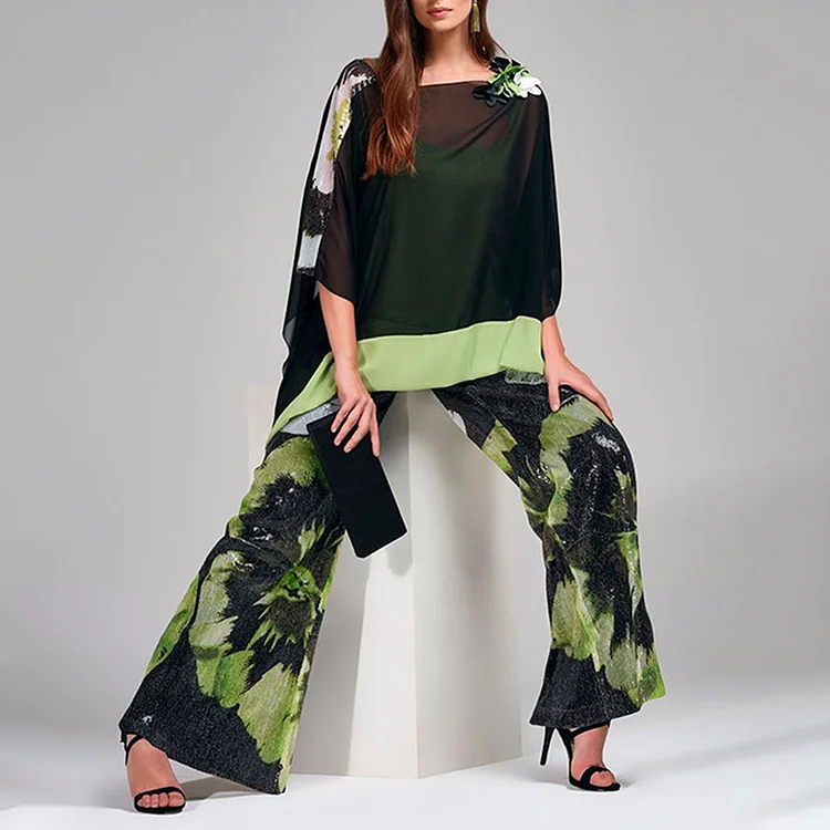 Fashion Contrast Print Panel Hem Two Piece Set