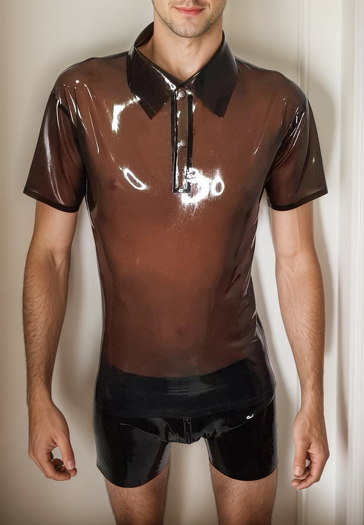 Men Latex Top Translucent Brown Polo Shirt