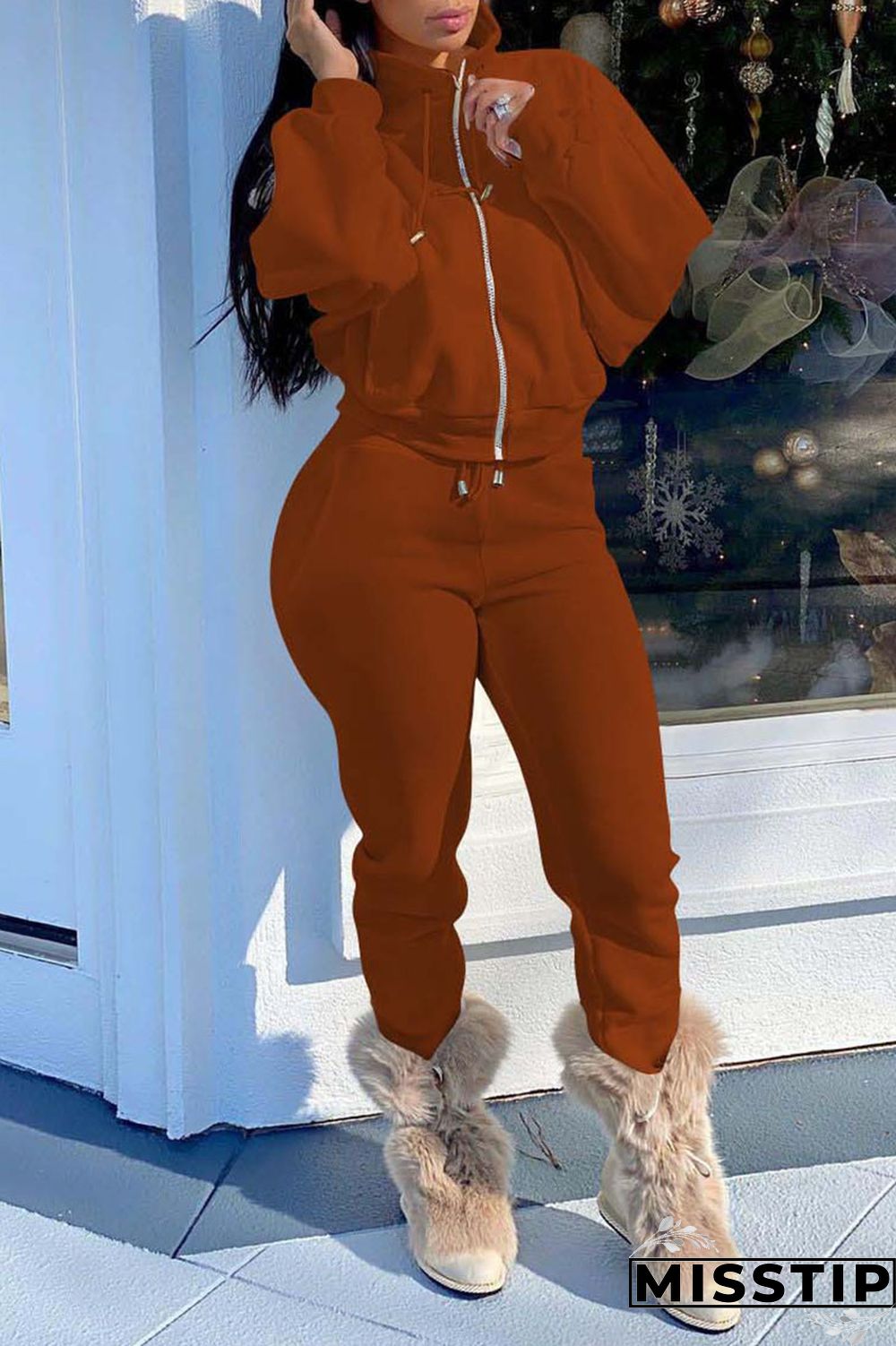 Brown Casual Solid Patchwork Zipper Zipper Collar Long Sleeve Two Pieces