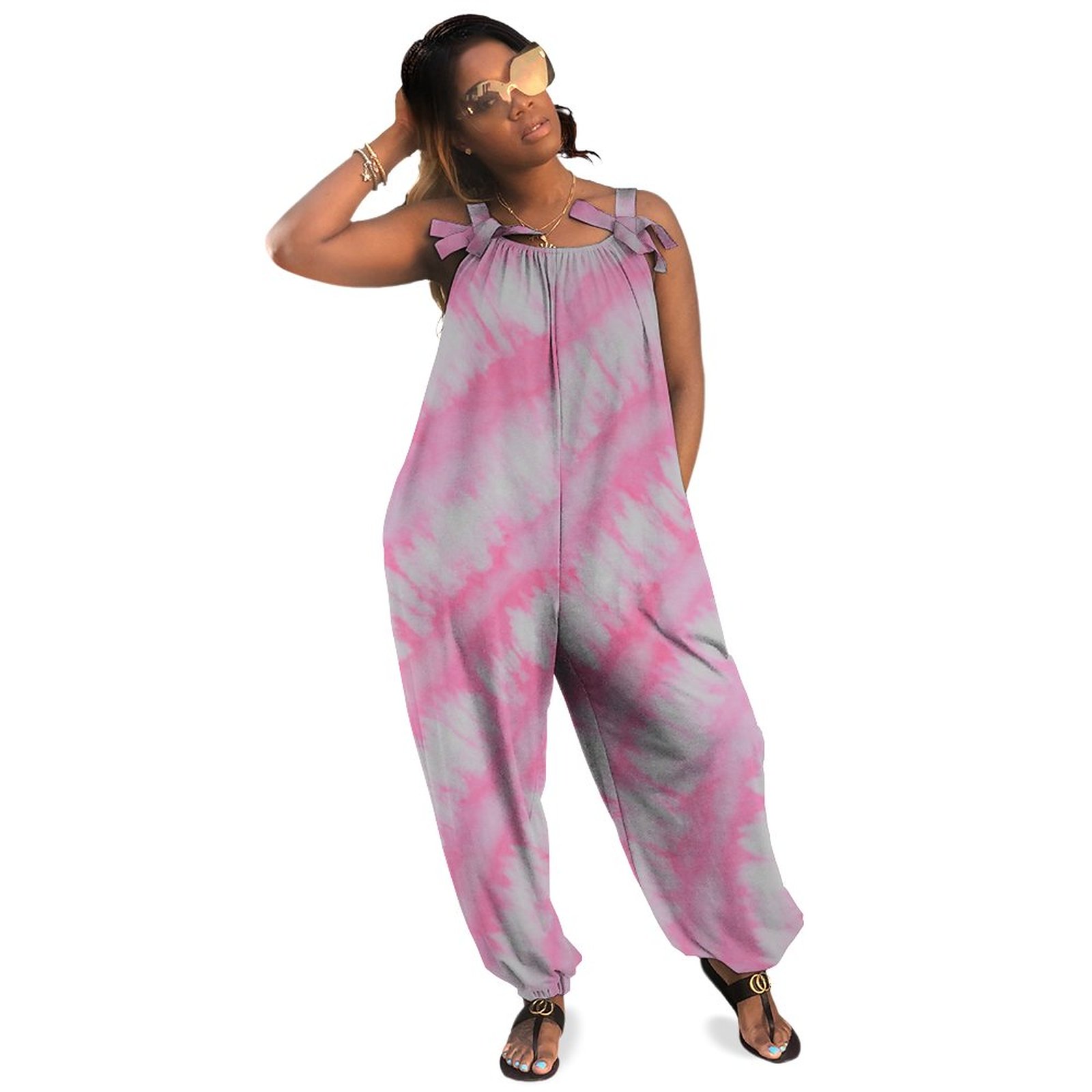 Watercolor Tie Dye Plus Size Women Rompers Summer Casual Loose Fashion Jumpsuits Boho Summer Romper Polyester Spandex