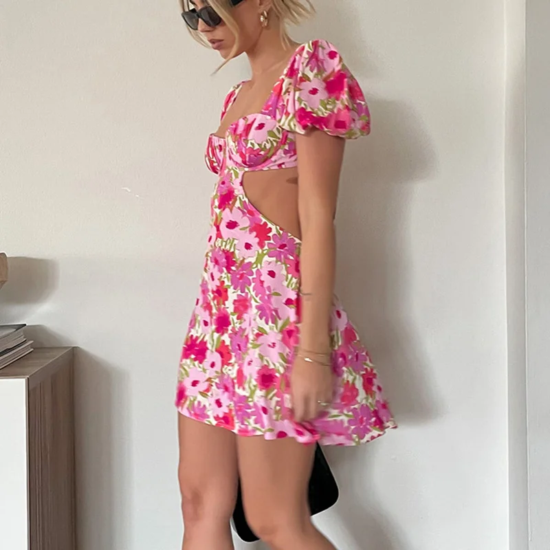 Women Puff Sleeve Party Bodycon Floral Print Sexy Hollow Out Backless Bandage A-line Mini Dress 