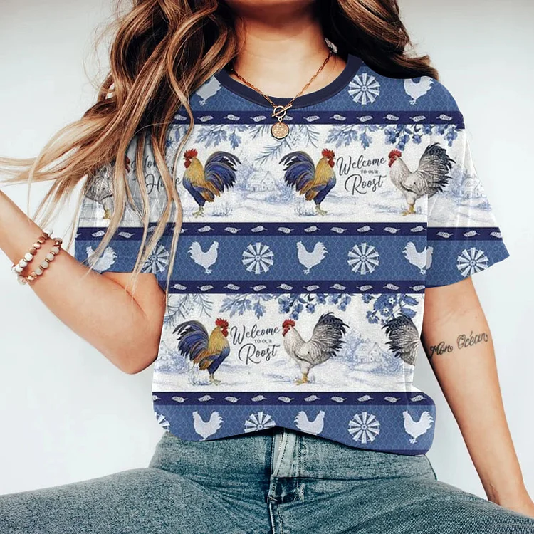 Vintage Chicken Art Printed Casual T-Shirt