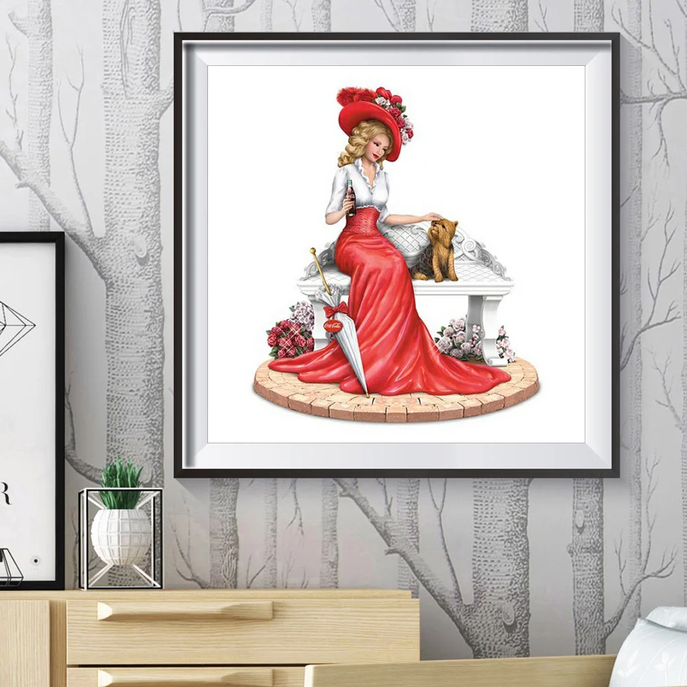 Full Round Diamond Painting 40*40cm - Red Cat-Patting Dress For Women