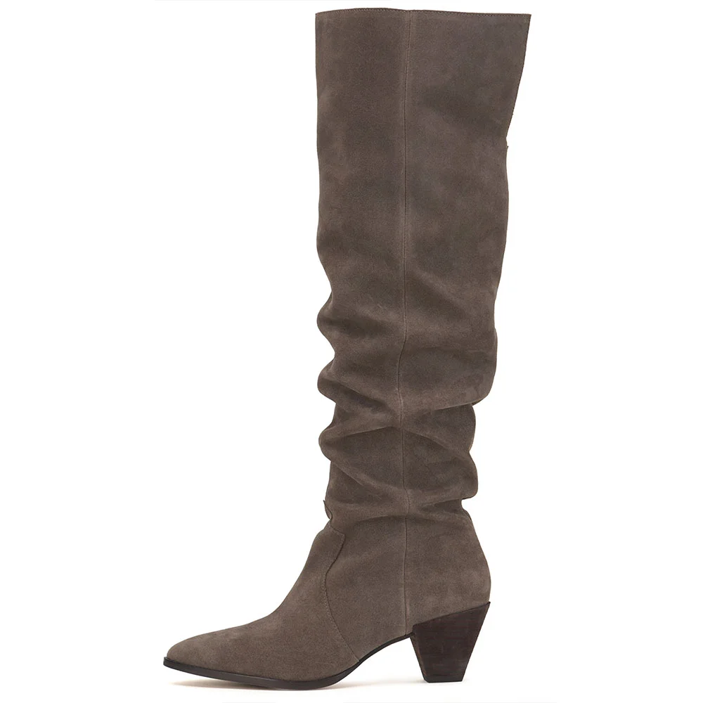 Gray Faux Suede Pointed Toe Wide Calf Silhouette Knee High Boots With Chunky Heels Nicepairs
