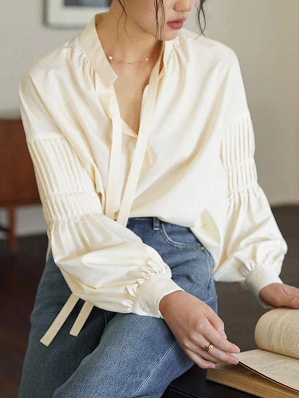 Tied Solid Color Pleated Puff Sleeves Loose Mock Neck Blouses&shirts Tops