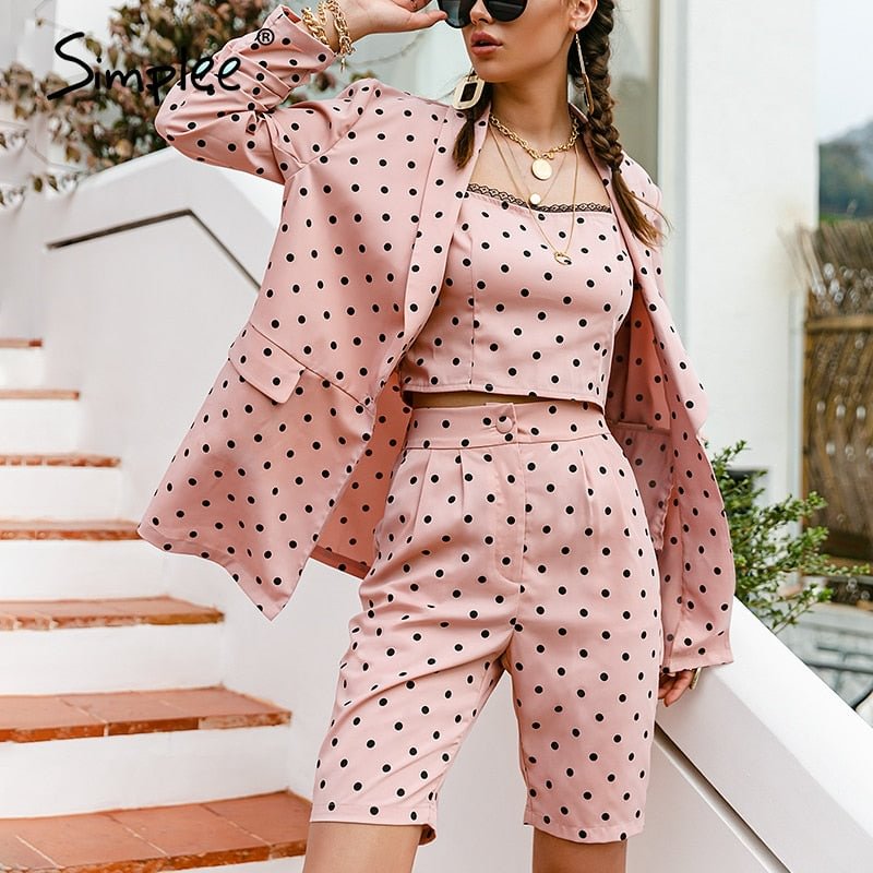 Simplee Fashion Light Pink Women's Three-piece Suit Long Sleeve Polka Dot Blazer Jumpsuit Casual Spring Summer Female Suit New