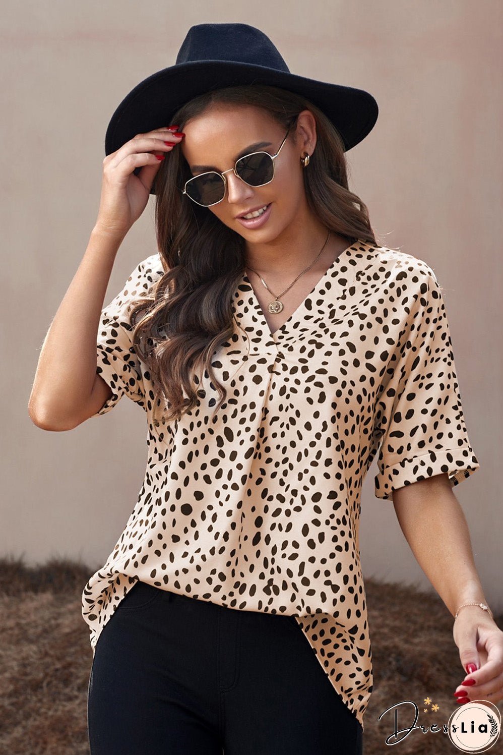 Printed V-Neck Cuffed Tunic Top