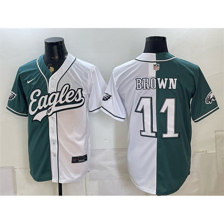 Men's Philadelphia Eagles #11 A.J. Brown Green Split Stitched Jersey