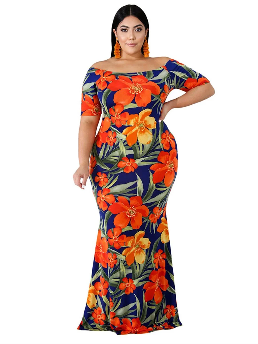 Plus Size Dress Off Shoulder Floral Mermaid Maxi Long Dress