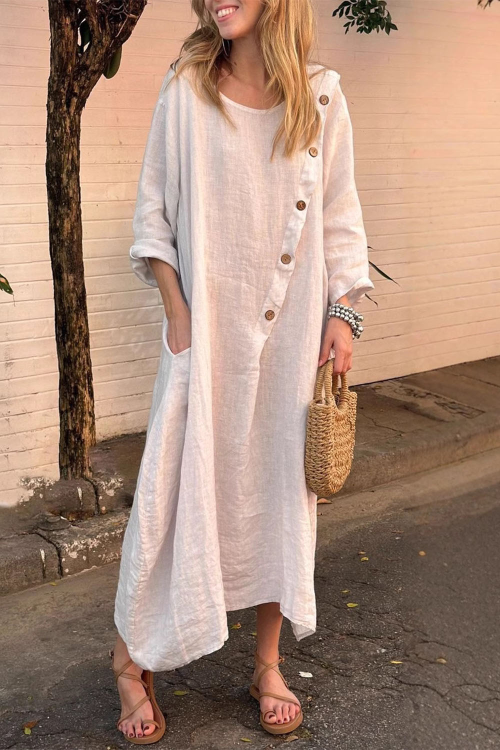 Plus Size Casual White Cotton And Linen Button Long Sleeve Pocket Maxi Dress 2024 - Flycurvy 