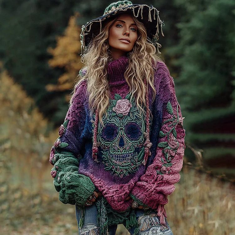 Women's Viking Tribal Jacquard Celtic With Rose And Skull Inspired Chunky Knit Turtleneck Sweater