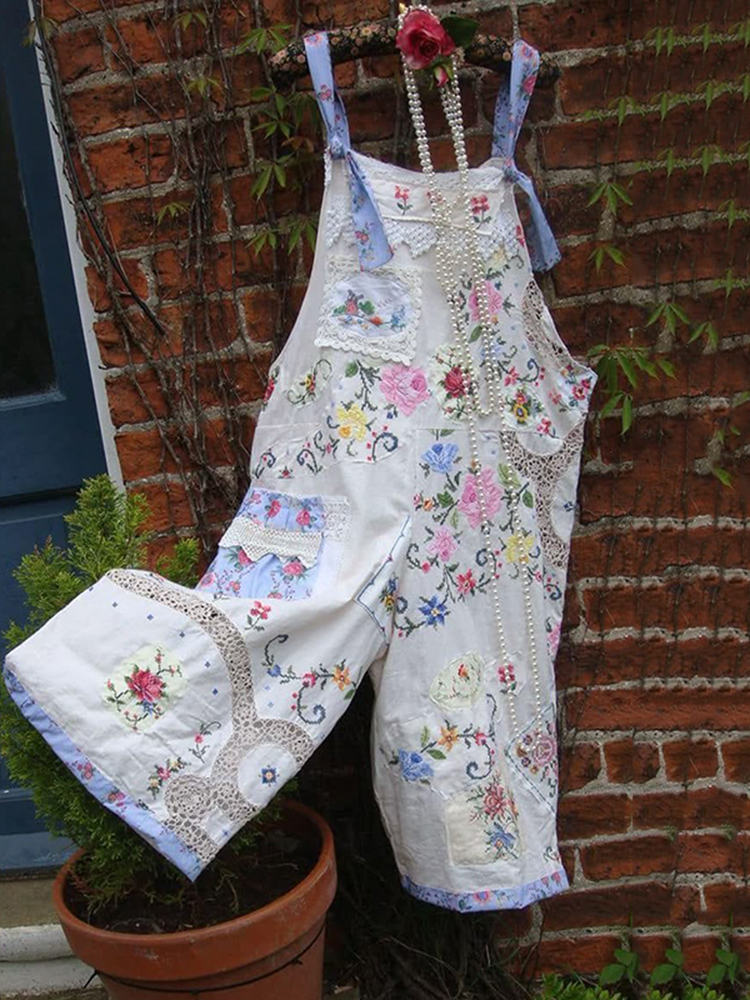 Comstylish Women's Elegant Floral Lace Linen Overalls