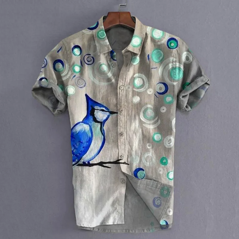 Men's casual retro floral bird print short sleeve shirt