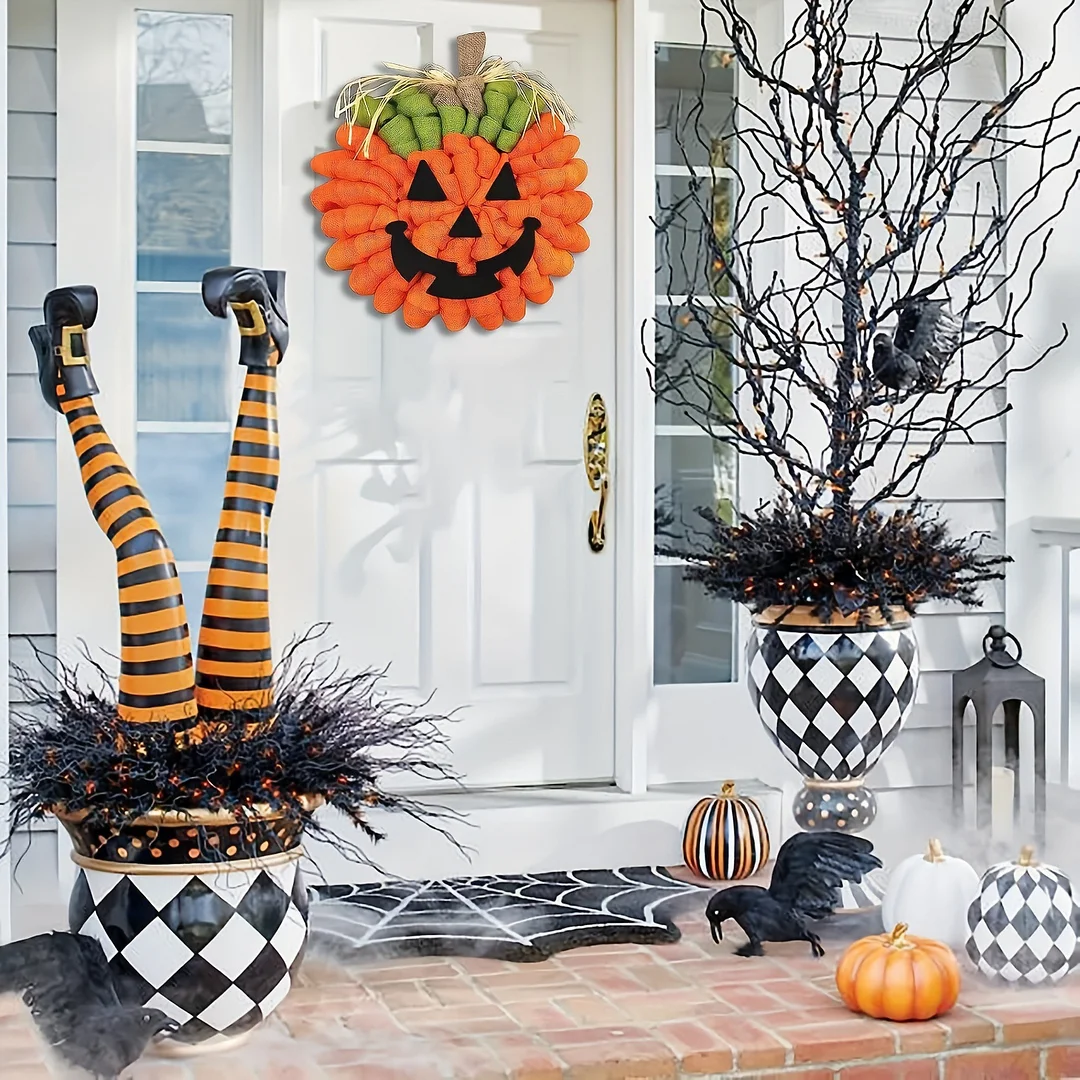2023New for Halloween Jack Lantern Wreath Pumpkin Burlap Wreath Fall Holiday Front Door Decoration