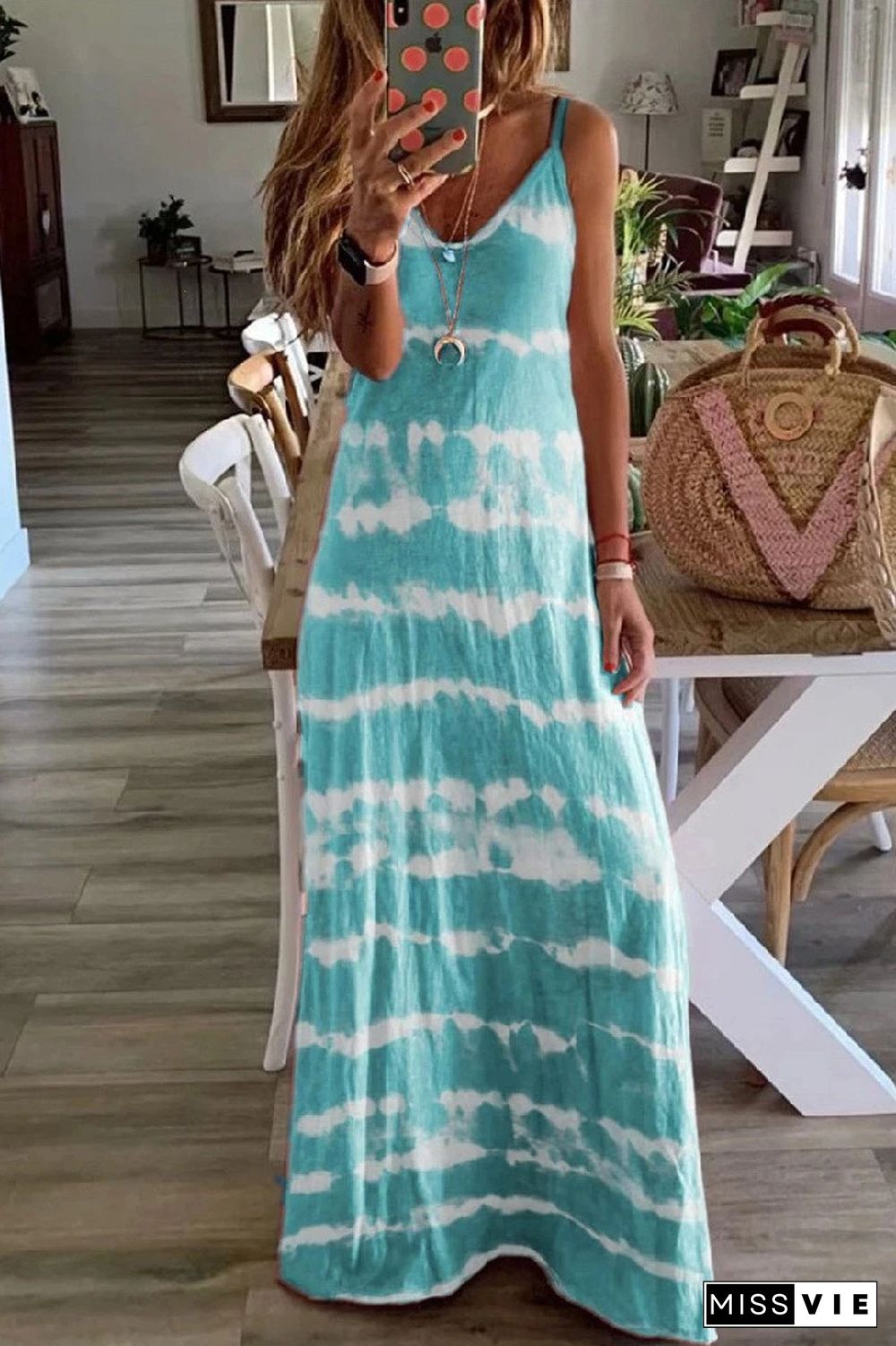 KarliDress V Neck Spaghetti Strap Tie Dye Casual Maxi Dress P12873