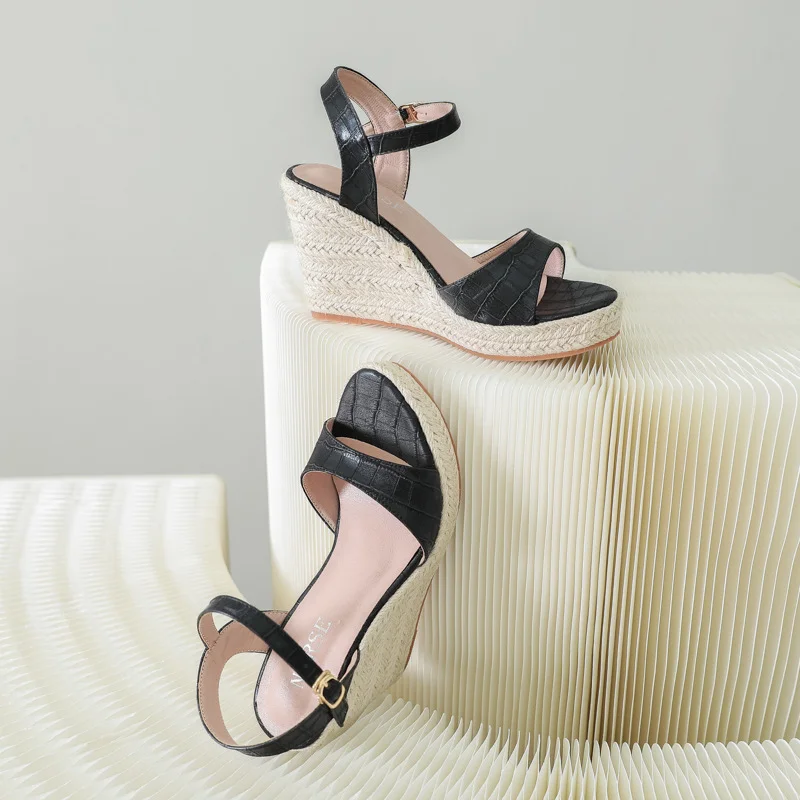 Wongn Wongn Summer Wedge Platform High Heel Sandals Straw Hemp Rope Large-Size Shoes