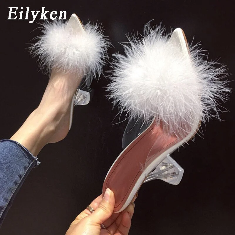 Eilyken 2021 New PVC shoes Woman Feather Transparent High heels Fur Pumps Slippers Women Peep toe Mules Lady Pumps Slides White