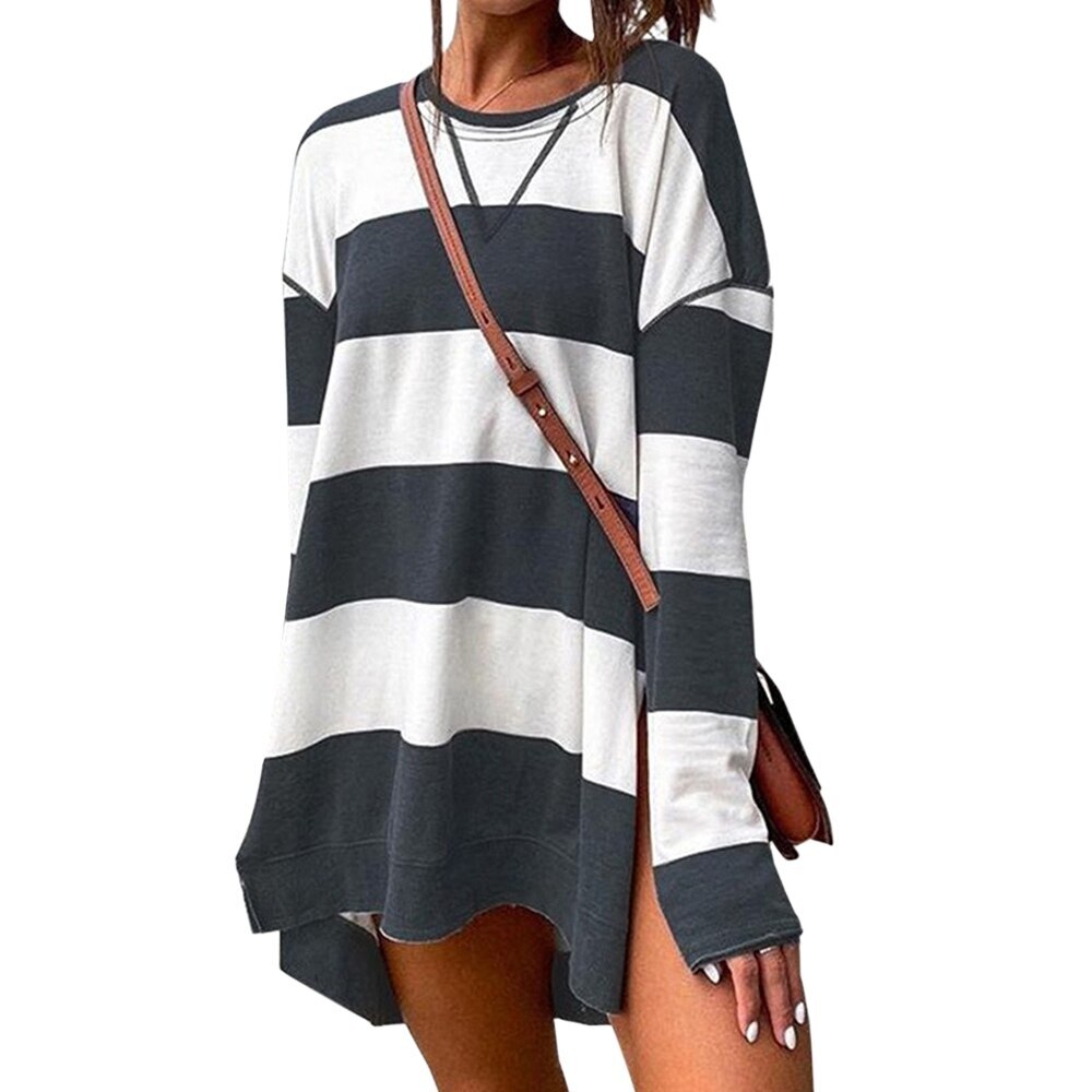 Women Stripe Long Sleeve T-shirt O Neck Irregular Hem Casual Loose Long Pullovers
