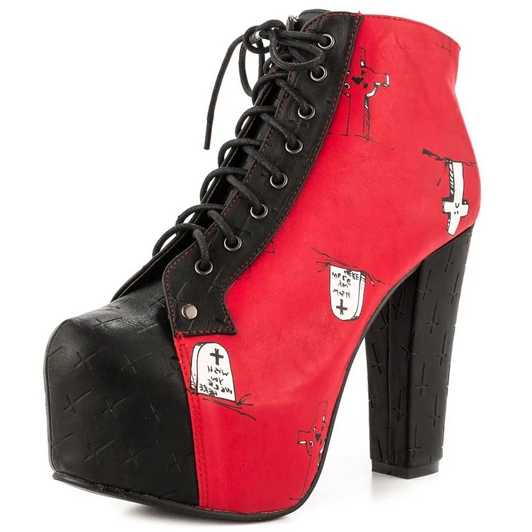 Black and Red Vampire Lace up Platform Chunky Heel Boots for Halloween |FSJ Shoes