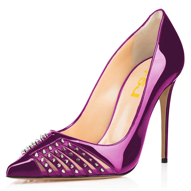 Purple Mirror Leather Rivets Pointy Toe Stiletto Heels Pump |FSJ Shoes