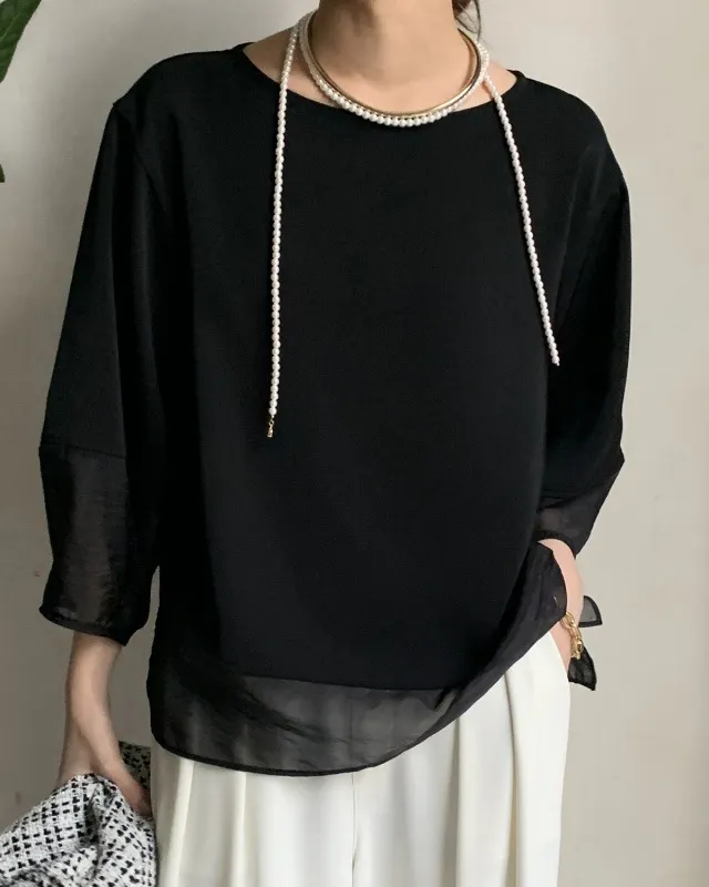 Three Quarter Sleeve Sheer Round Neck Blouses