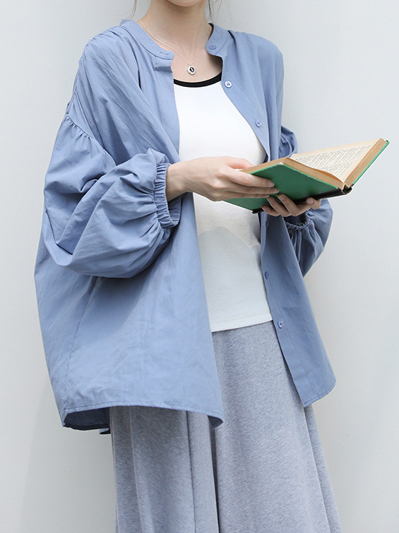 Stand Up Collar Lantern Long Sleeve Single Row Button Shirt