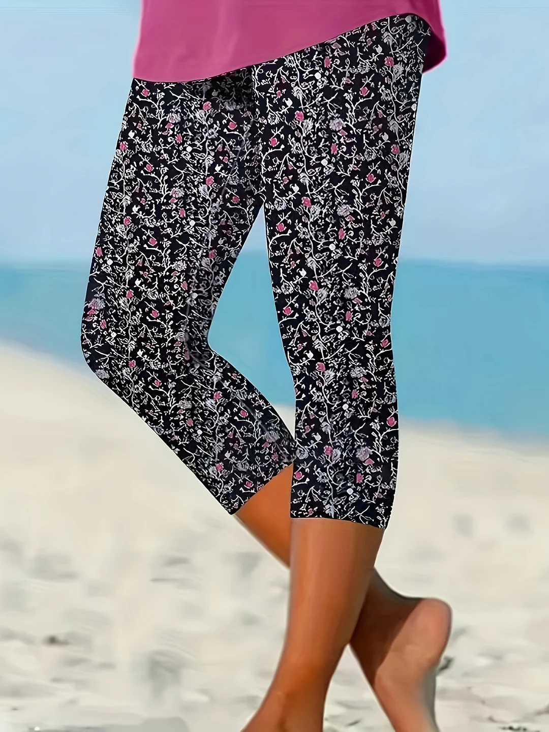 Women's Floral Pattern Skinny Fit Polyester Knit Fabric Base Leggings For Adult | IFYHOME
