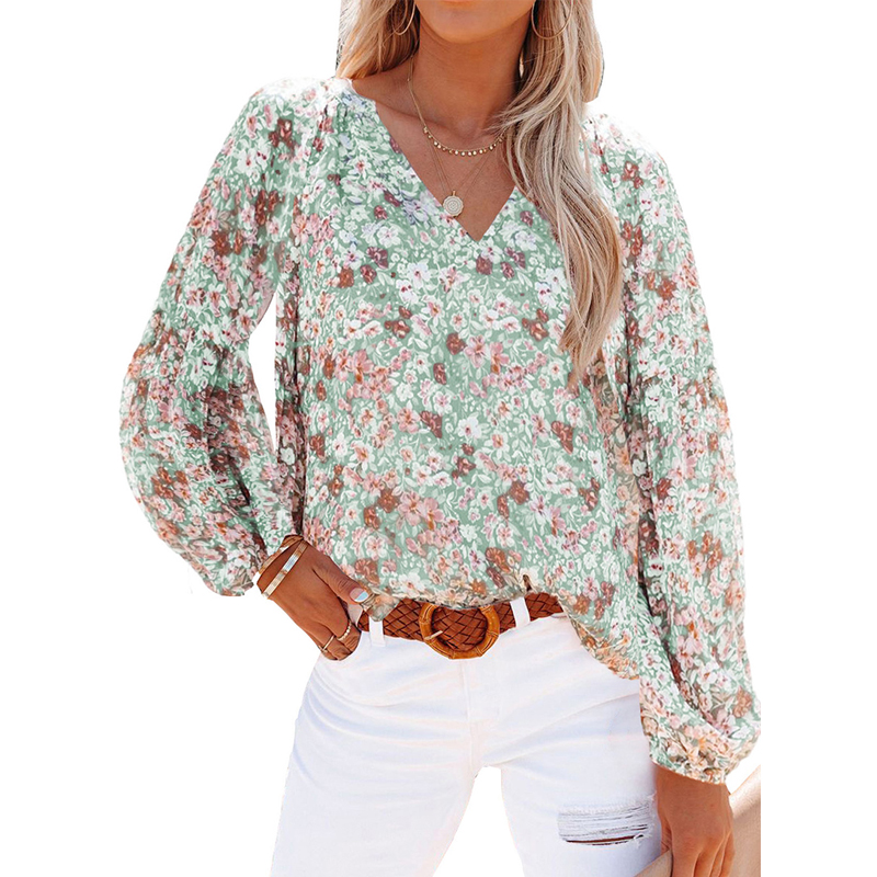 Floral Print Chiffon V-neck Long Lantern Sleeve Pullover Blouses