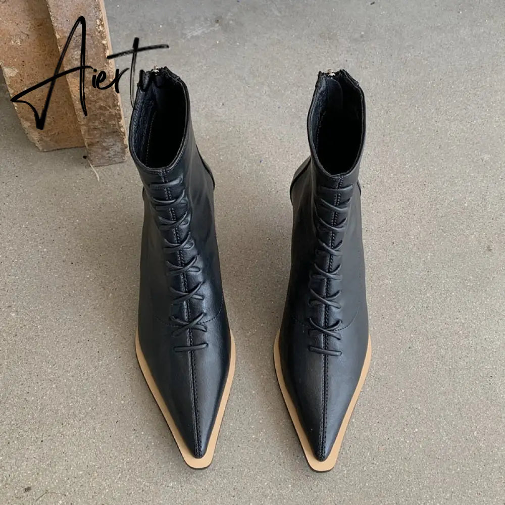 Aiertu Winter Designer Women Lace Up Ankle Boots Thin High Heel Pointed Toe Short Boot Shoes Ladies Dress Pumps Chelsea Aiertu