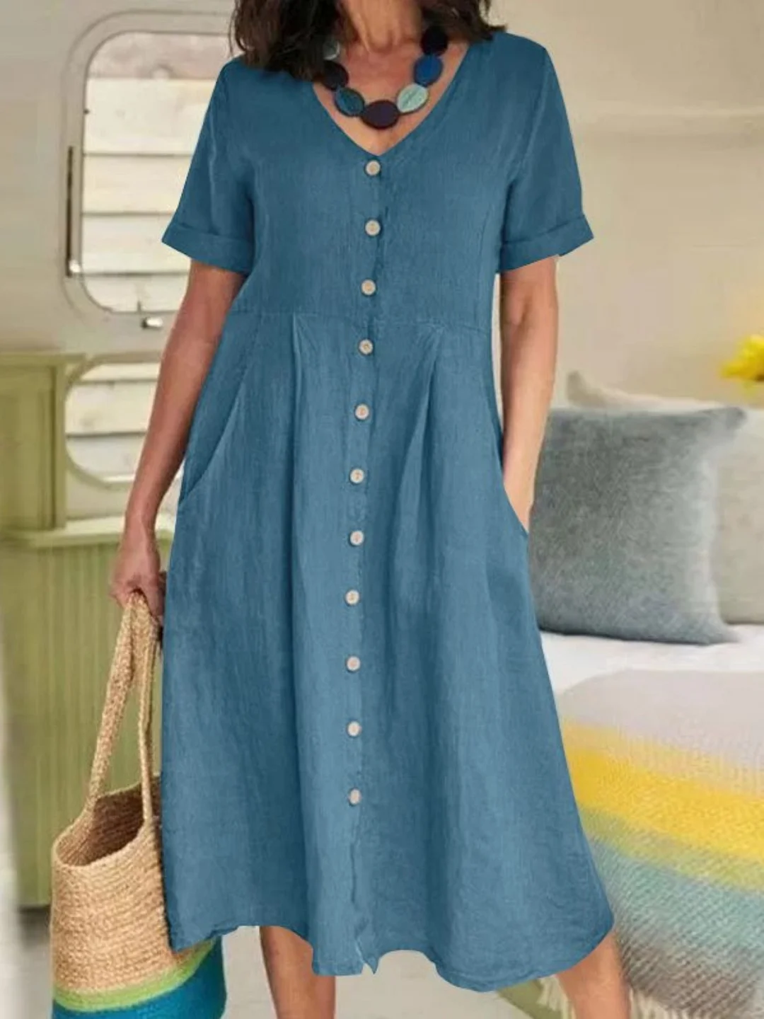 Women's Summer Midi Dress Short Sleeve V Neck Button Pocket Dress Fashion A Line Dress | IFYHOME