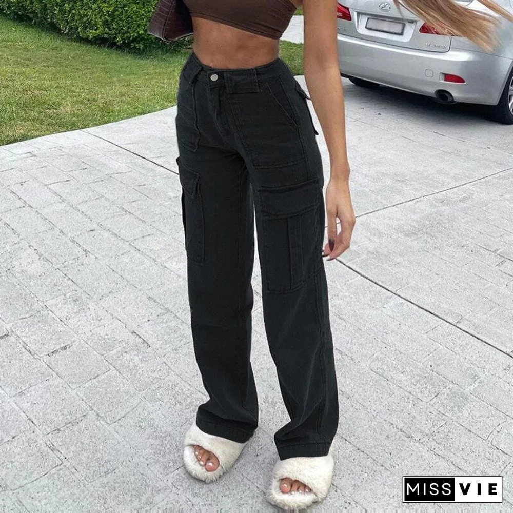 Streetwear Women Jeans Pocket Patchwork Cargo Pants High Waist Baggy Straight Denim Trousers Summer Cotton Harajuku