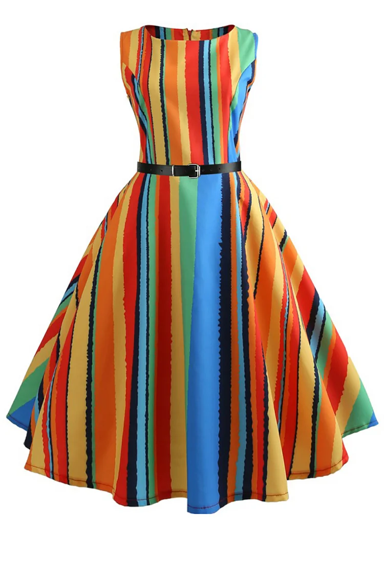 1950s Multicolor Casual Rainbow Colorblock Sleeveless Swing Midi Dress (With Belt)
