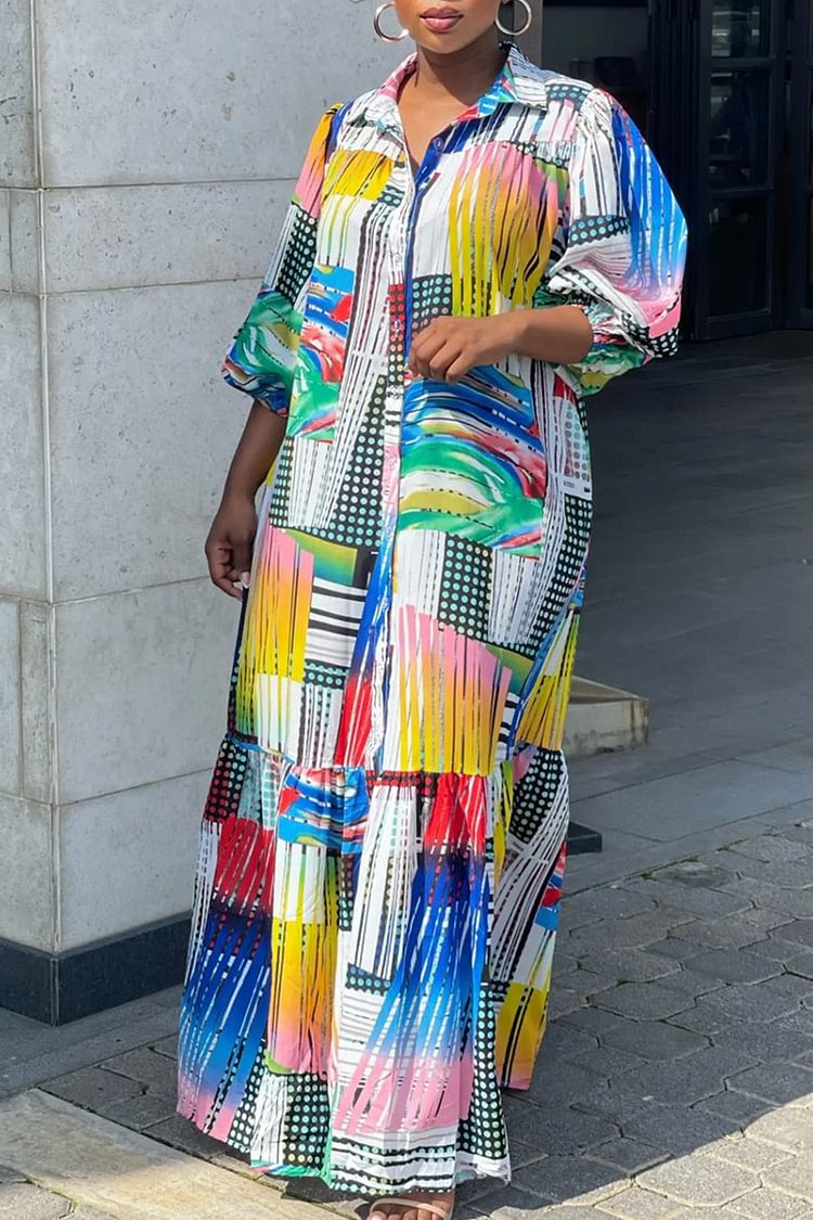 Xpluswear Plus Size Multicolor Daily All Over Print Long Sleeve Maxi Dress [Pre-Order]