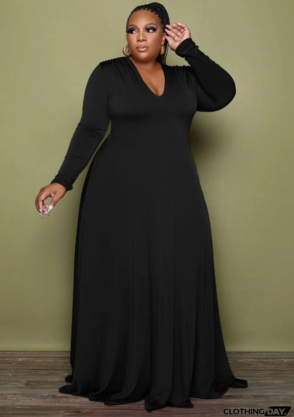 Autumn Black V-Neck Long Sleeves Plus Size Maxi Dress