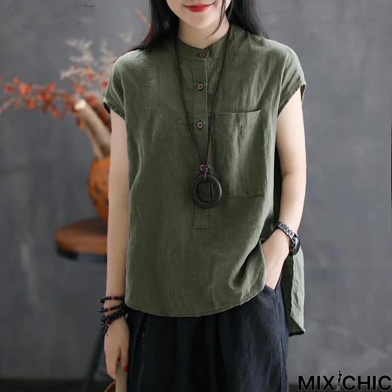 Women Summer Blouse Work Solid Cotton Linen Shirt Casual Short Sleeve Tops Plus Size Blouse Linen