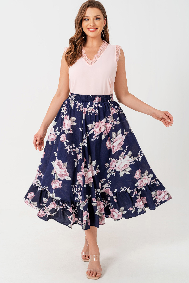 Flycurvy Plus Size Casual Navy Blue Chiffon Floral Print Ruffle Elastic Waist Tea-Length Skirt