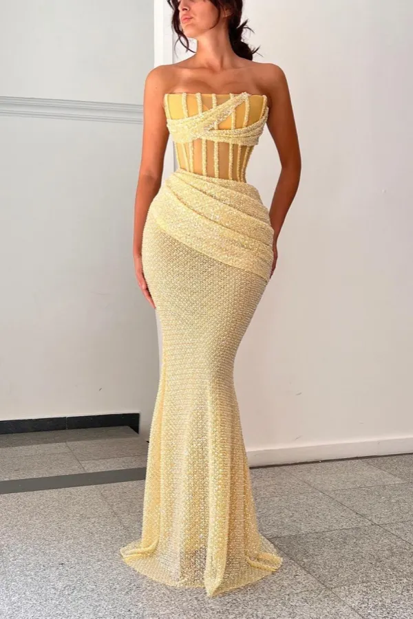 Strapless Light Yellow Sequins Mermaid Elegant Prom Dress With Transparent  Corset | PromDaisy