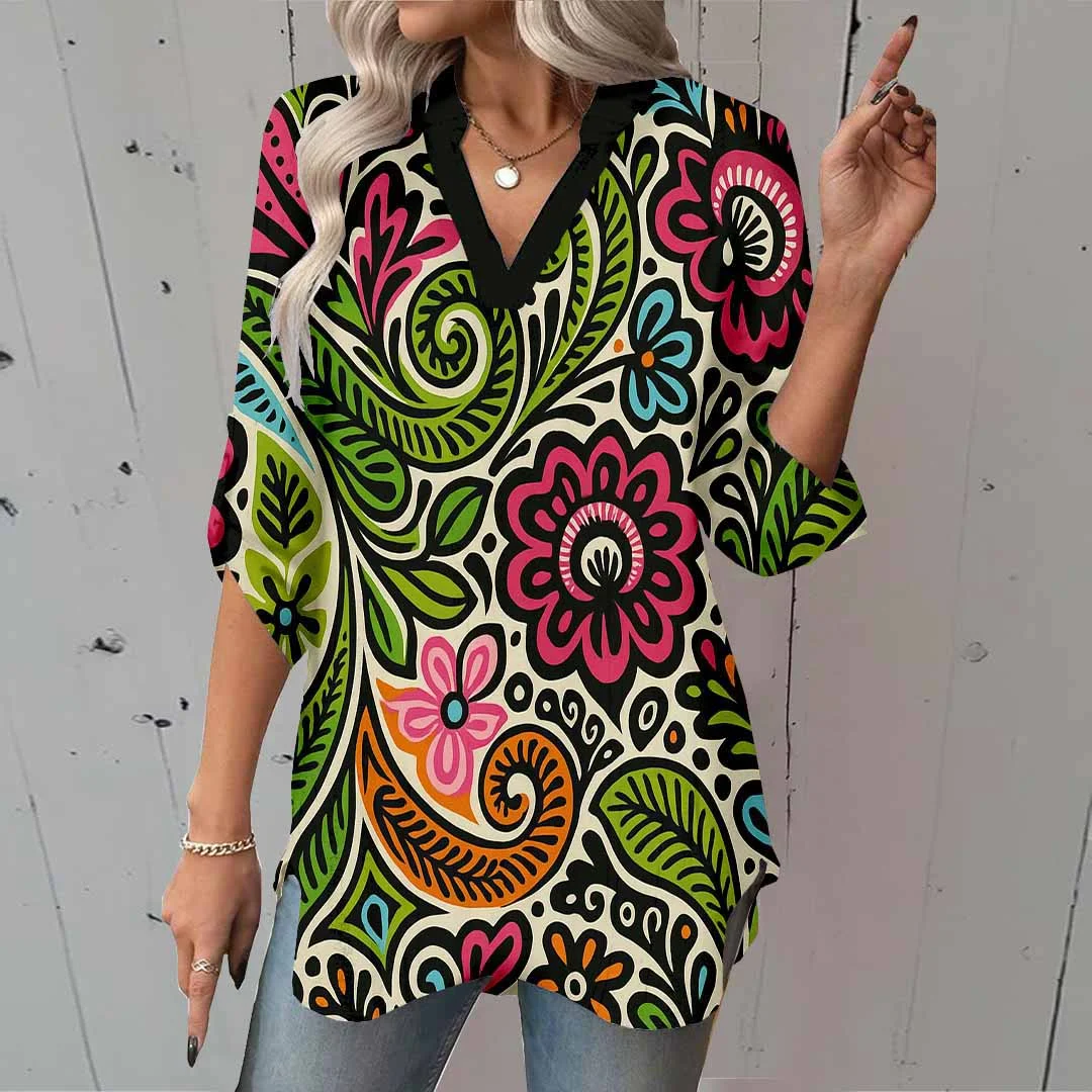 Women Flowers, Red, Green DZGA0375 3/4 Sleeve V-neck Printed Graphic Button Tops