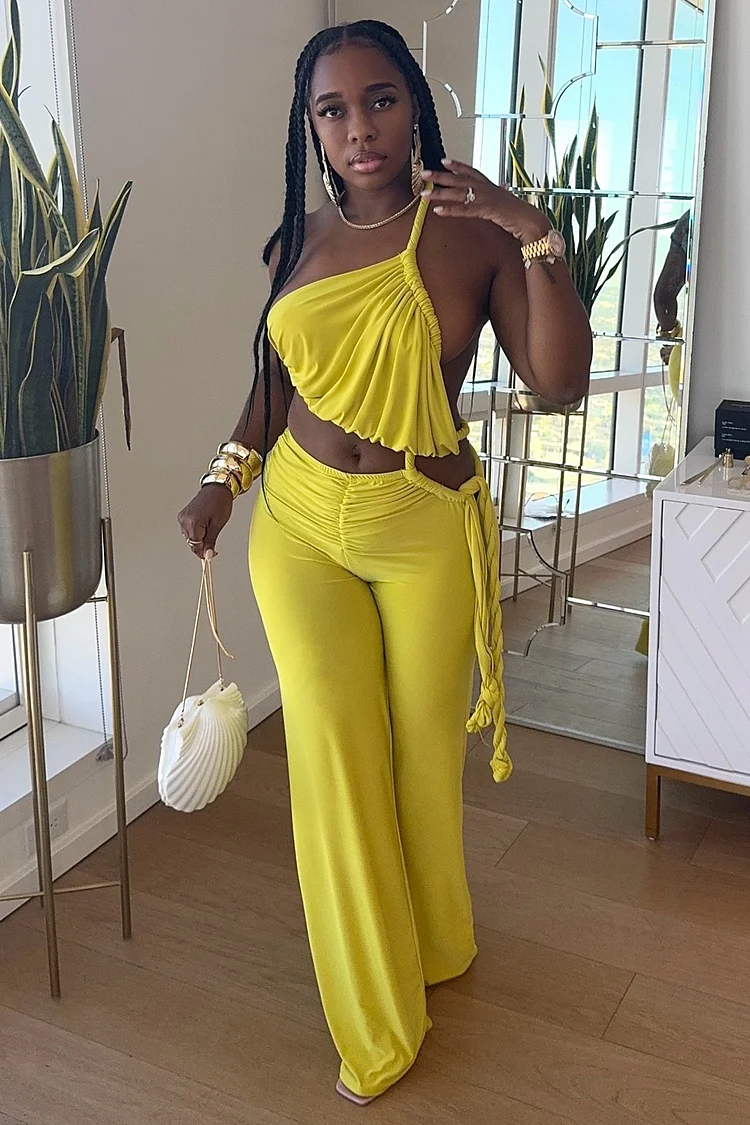 Braid Ruched One Shoulder Backless Vacay Wide Leg Jumpsuit-Yellow