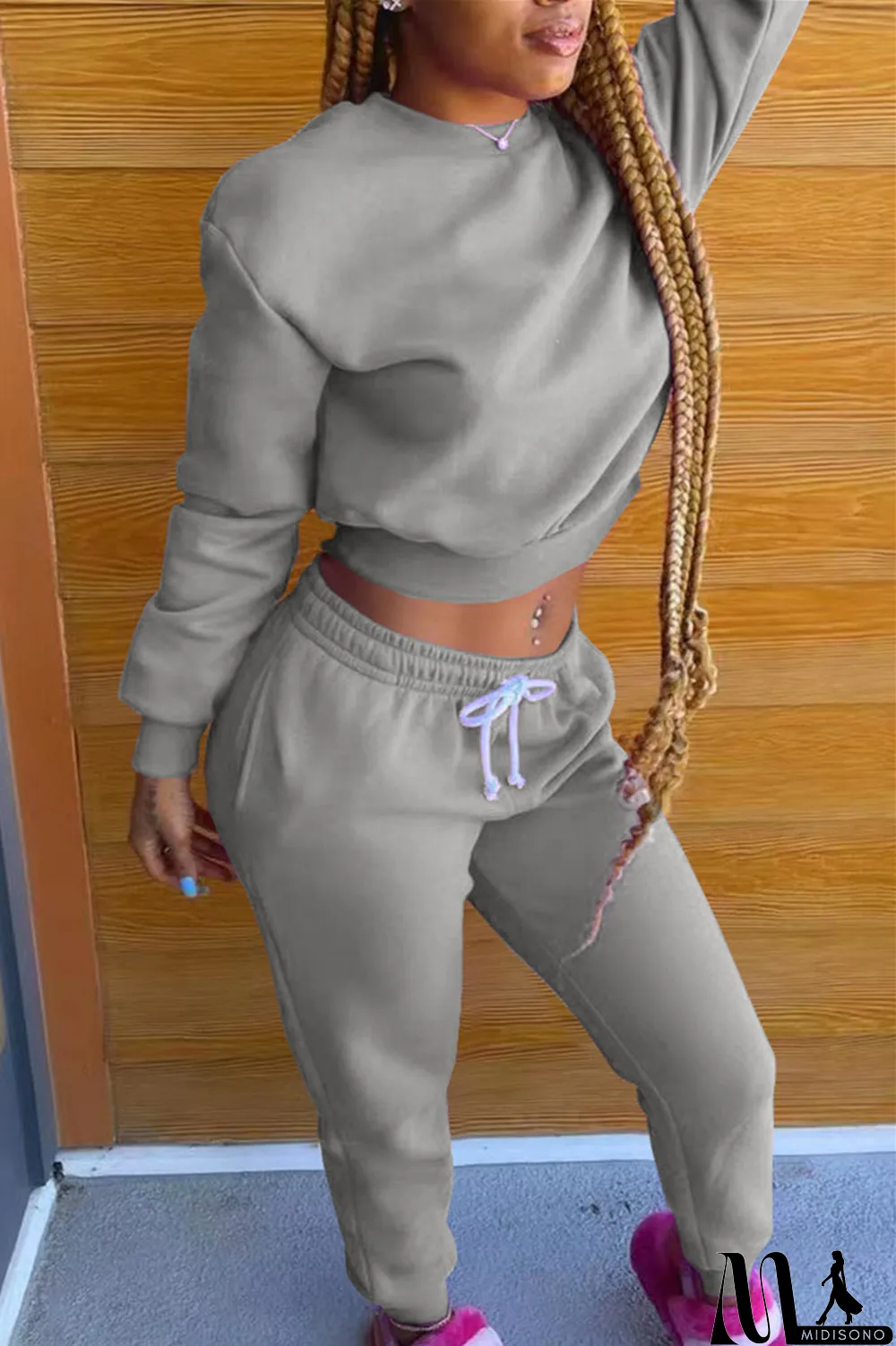 MidiSono - Black Fashion Casual Solid Basic O Neck Long Sleeve Two Pieces