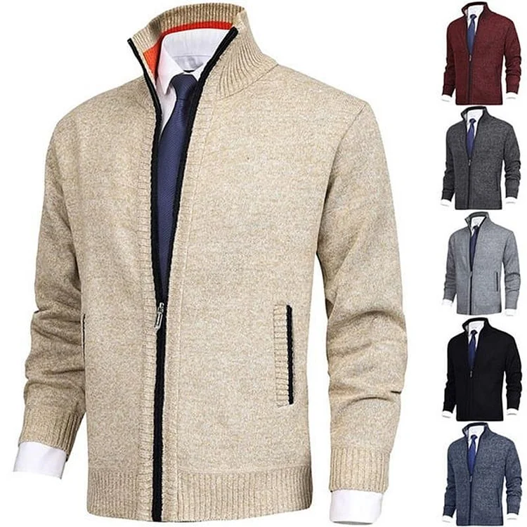 Men\'s Solid Color Stand Collar Fashion Cardigan Sweater Knit Jacket